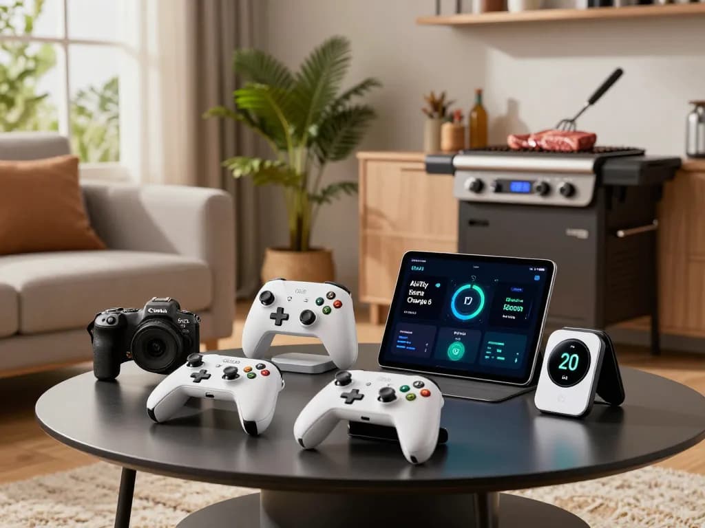 Showcasing innovative tech gadgets like 8BitDo Ultimate controllers and a Fitbit in a modern living room setting.