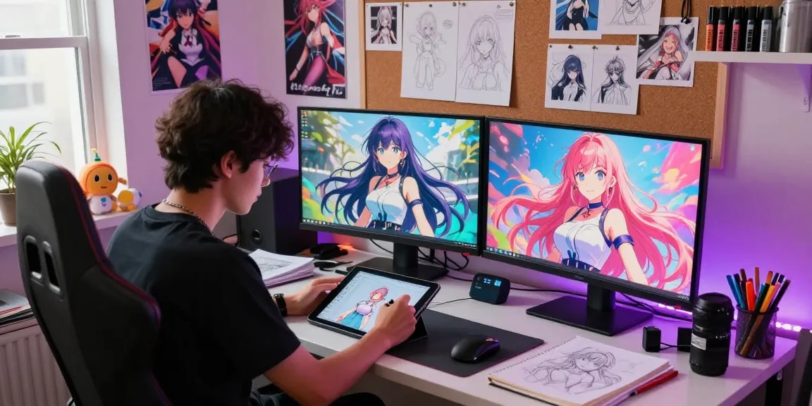 Creating stunning ai ecchi artwork in a vibrant digital studio with cozy atmosphere