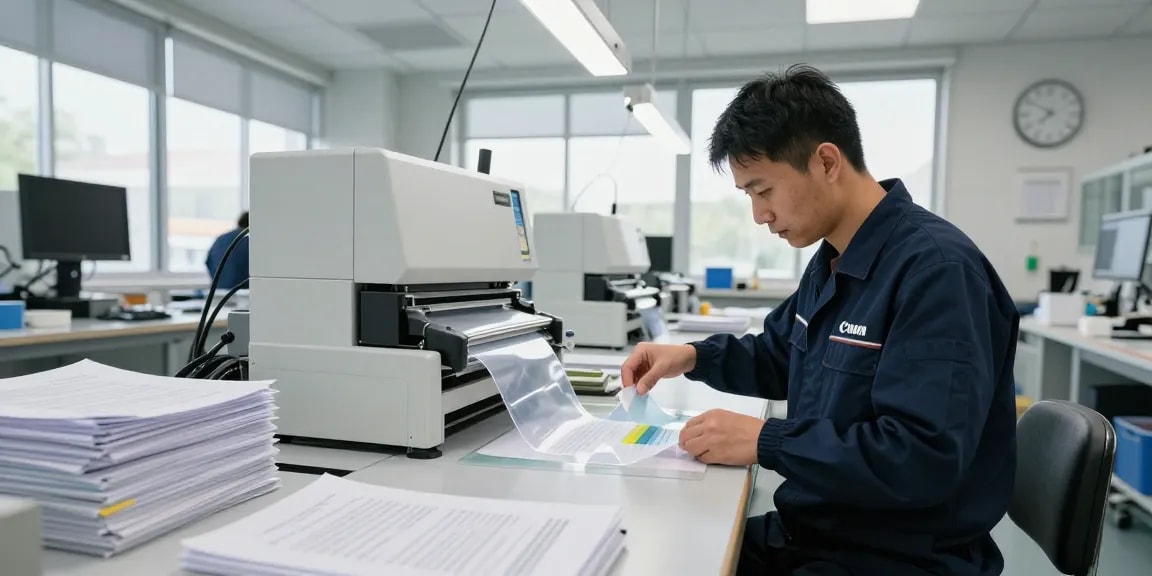 Khôi phục tài liệu chuyên nghiệp bằng dịch vụ bóc ép plastic trong một xưởng hiện đại.