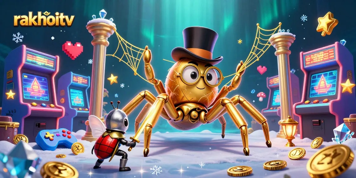 Experience high-energy entertainment at rakhoitv with a golden tarantula and colorful casino elements.