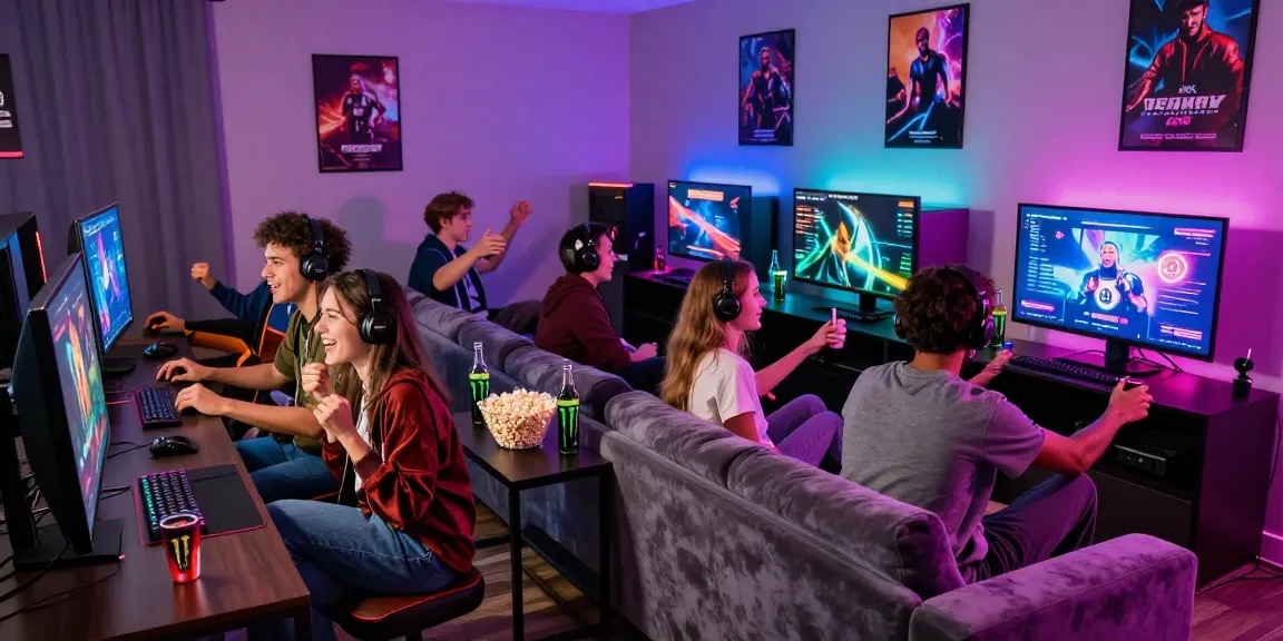 Group enjoying gay porn games in a vibrant gaming lounge.
