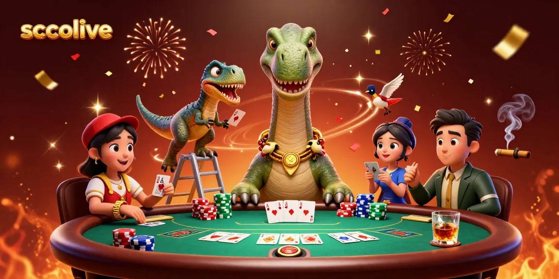 Socolive offers a vibrant poker scene with dinosaur characters and dynamic game elements, showcasing excitement.