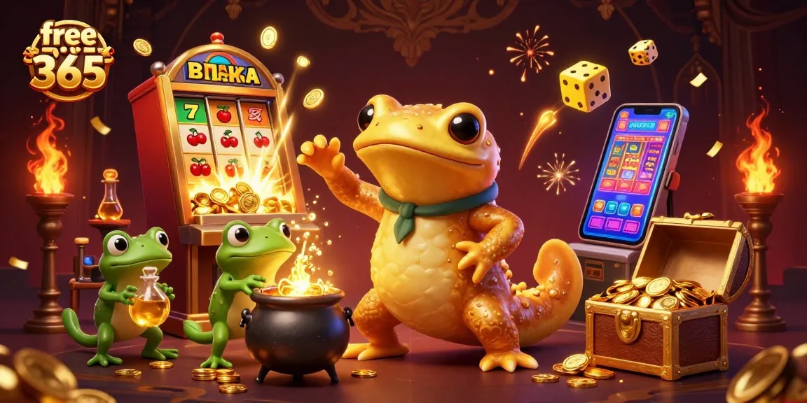 Experience free credit 365 as giant golden salamander alchemist creates gold coins amidst a vibrant casino scene.