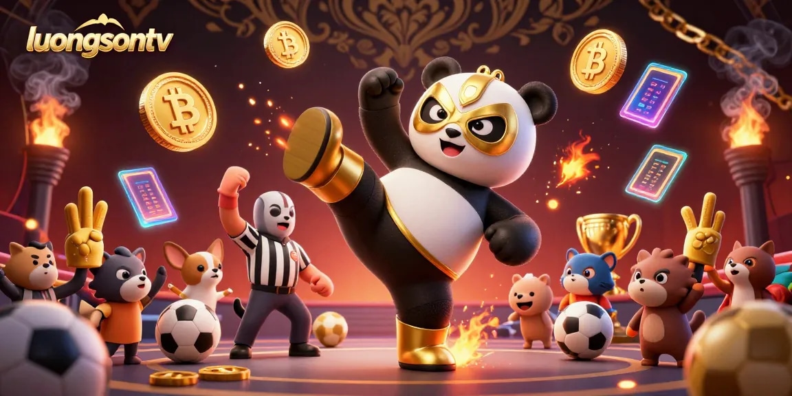 luongsontv showcases a thrilling sports betting scene with cartoon panda and chihuahua in action.