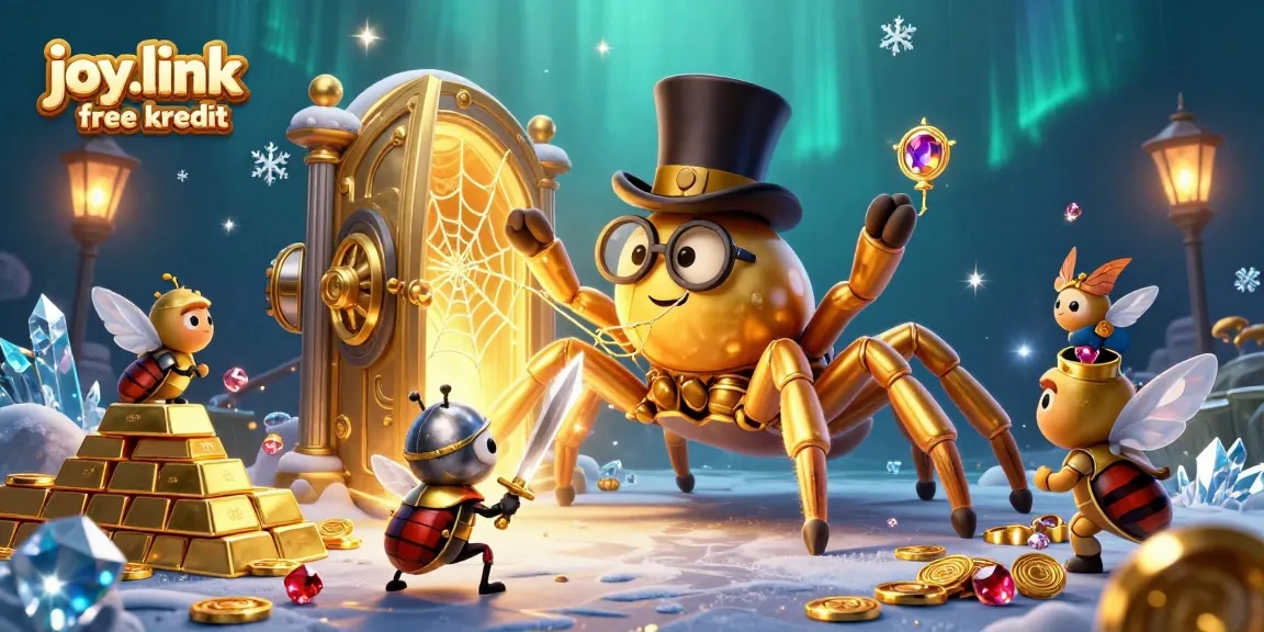 Experience joy.link free kredit with a vibrant 3D illustration of a golden tarantula and beetle knight amidst casino treasures.