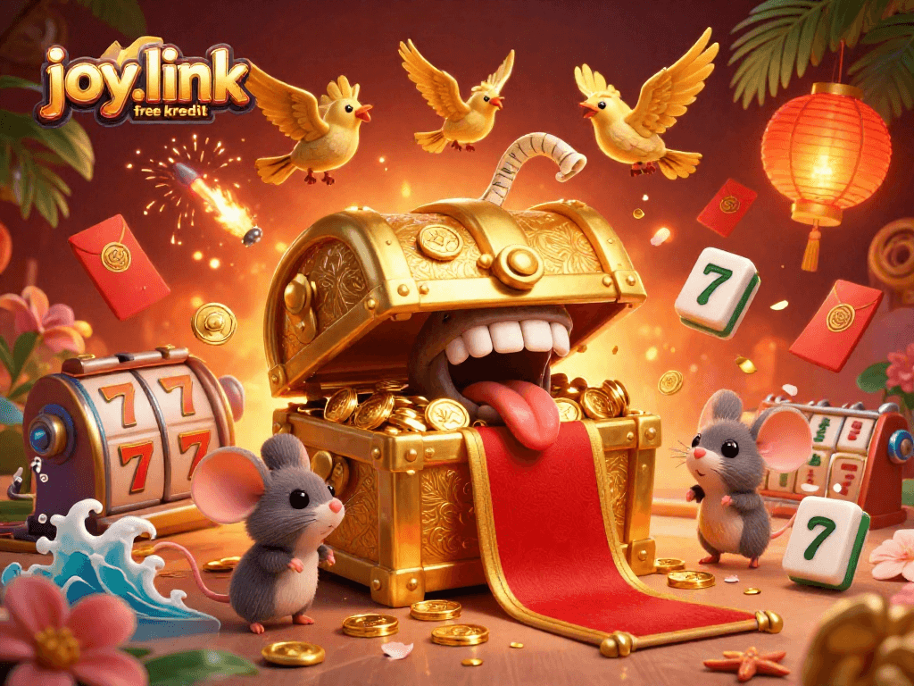 Experience the excitement of joy.link free kredit with this vibrant casino-themed illustration.