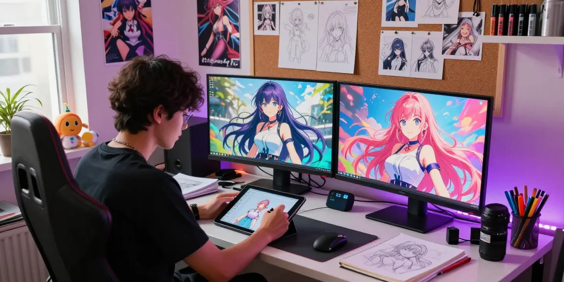 Creating stunning ai ecchi artwork in a vibrant digital studio with cozy atmosphere