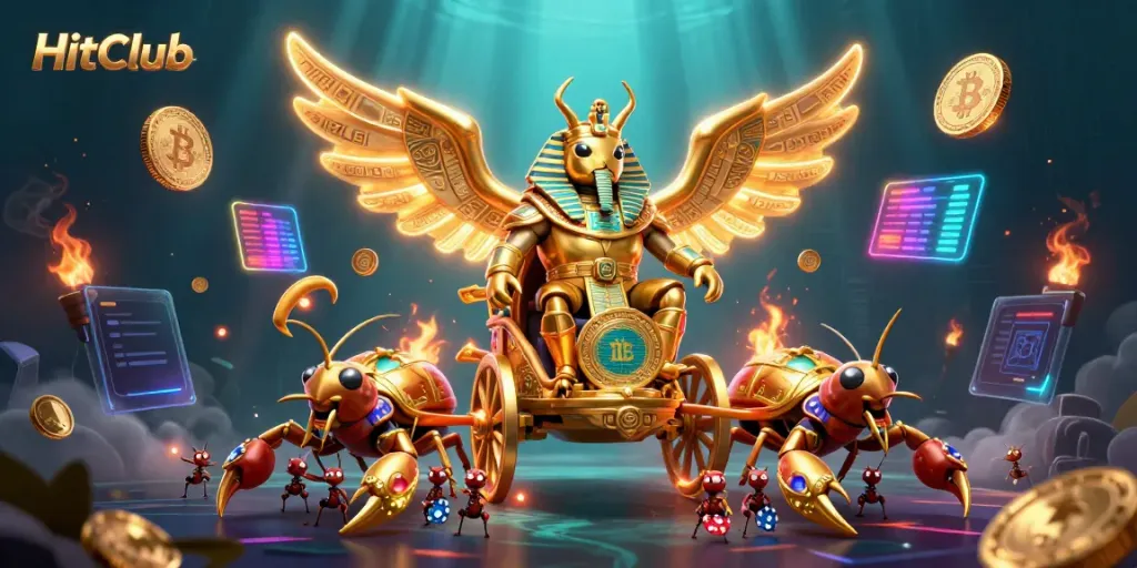Experience thrilling gameplay with HitClub as a golden scarab beetle rides a chariot pulled by scorpions, surrounded by vibrant casino elements.