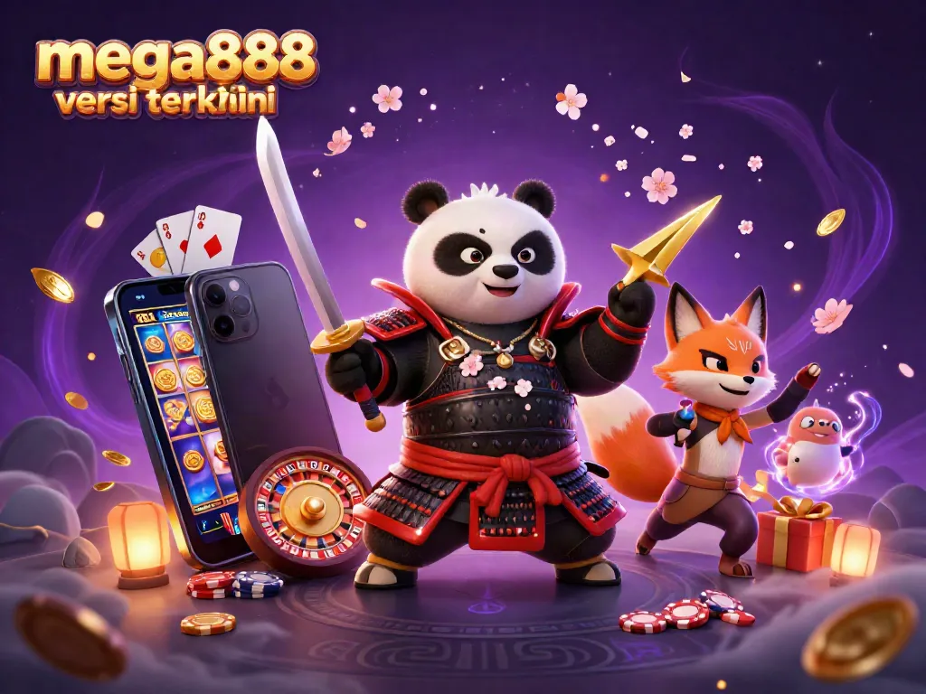 Experience mega888 versi terkini with a dynamic illustration of gaming elements and characters.