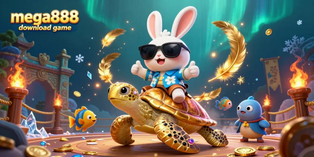 Experience the excitement of mega888 download game with a vibrant 3D cartoon scene featuring a lucky rabbit and a golden sea turtle.