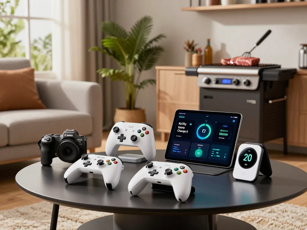 Showcasing innovative tech gadgets like 8BitDo Ultimate controllers and a Fitbit in a modern living room setting.