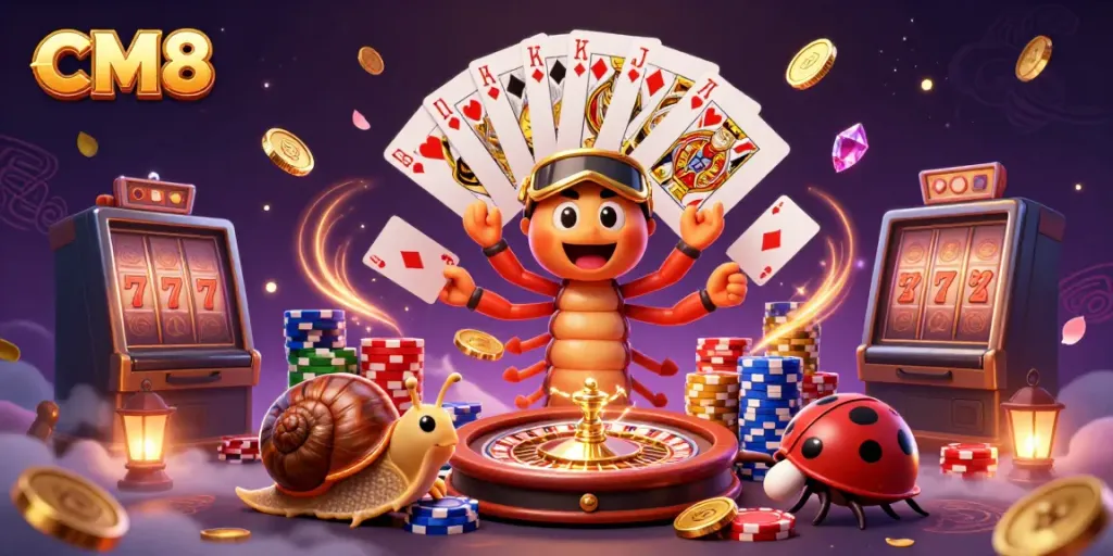 Enjoy the vibrant excitement of CM8 with a dynamic casino scene showcasing a millipede dealer and high-rolling characters.