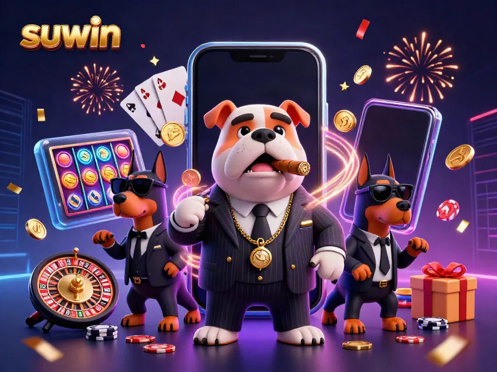 Engage with suwin's thrilling slot games in a captivating mafia-themed casino scene.