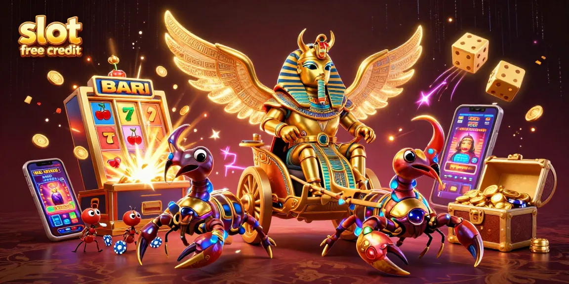 Experience slot free credit with a vibrant 3D casino scene featuring golden symbols and energetic characters.