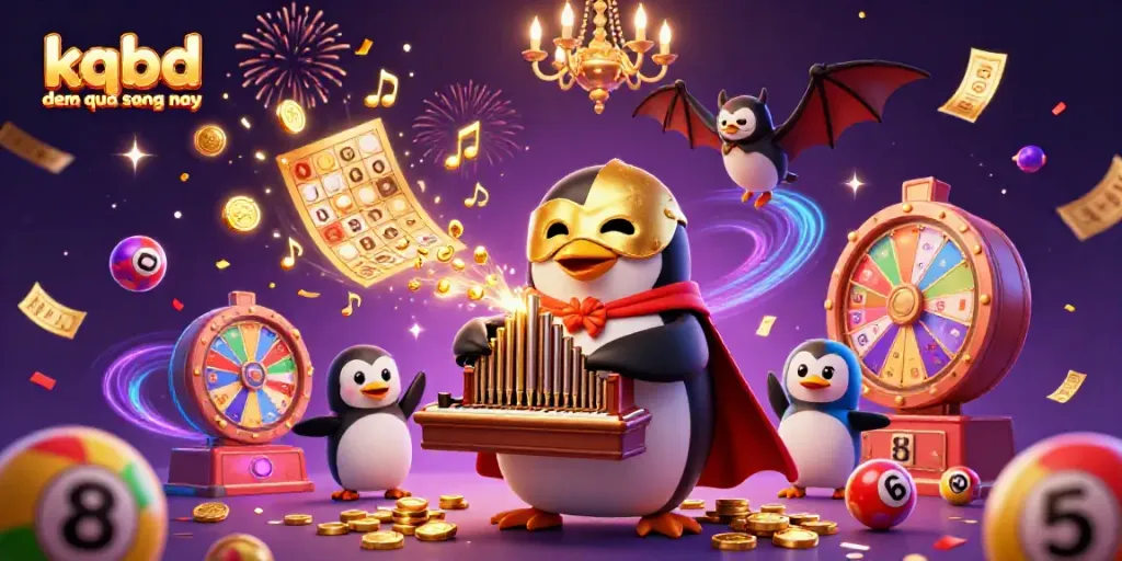 Experience kqbd dem qua sang nay with an animated scene of a penguin performing, surrounded by gold coins and lottery elements.