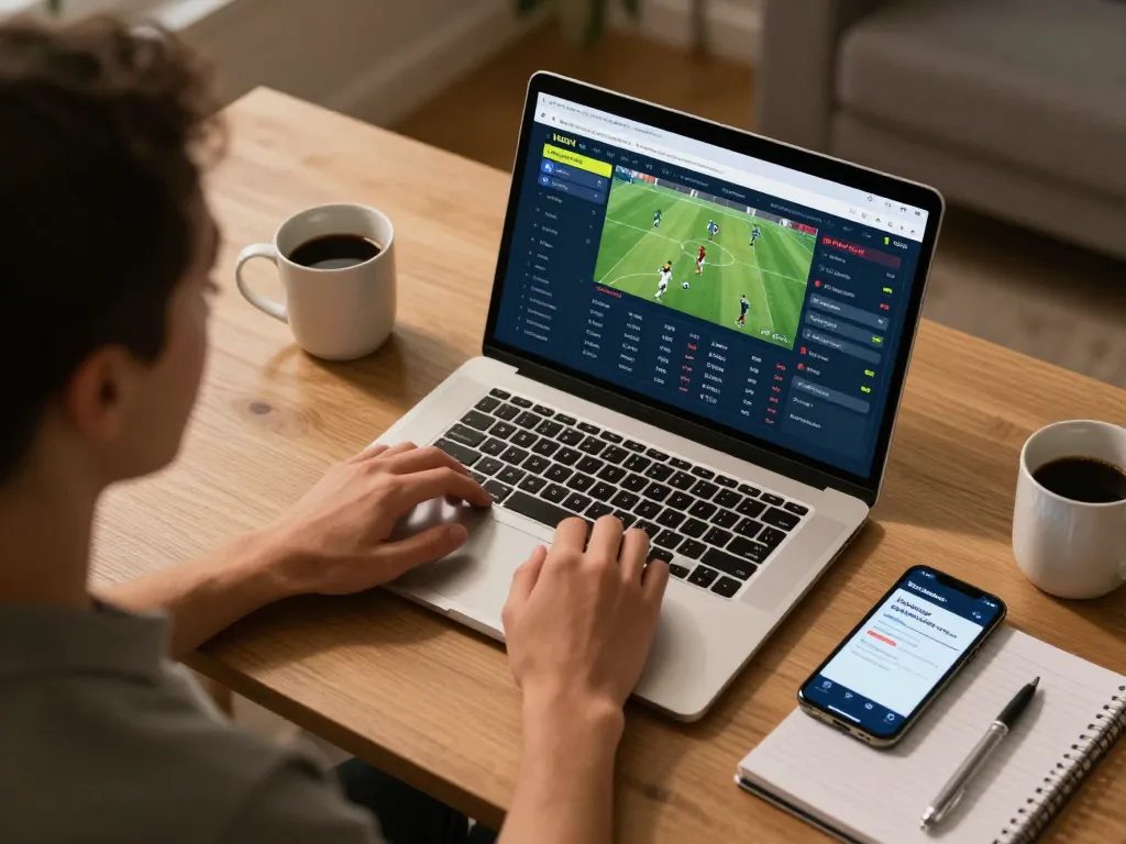 Tỷ lệ kèo nhà cái hôm nay reflected as a user engages with online sports betting interface on laptop, highlighting excitement and strategy.