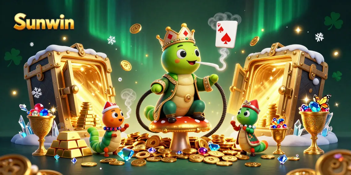 Experience the thrill of Sunwin with a vibrant, detailed casino scene featuring a whimsical caterpillar and poker symbols.
