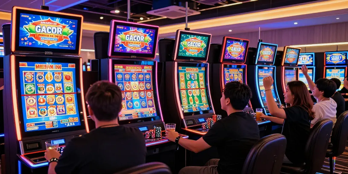 Exciting gaming scene at a casino highlighting slot gacor malam ini with players cheering and vibrant neon lights.