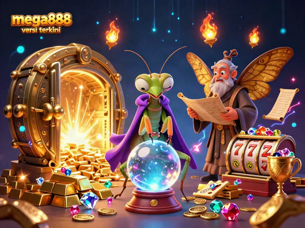Experience mega888 versi terkini with a vibrant casino scene featuring fantasy elements and dynamic game symbols.