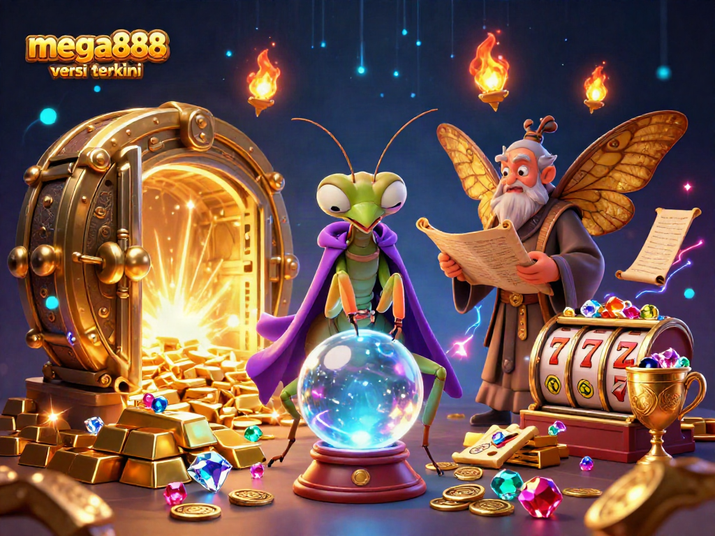 Experience mega888 versi terkini with a vibrant casino scene featuring fantasy elements and dynamic game symbols.