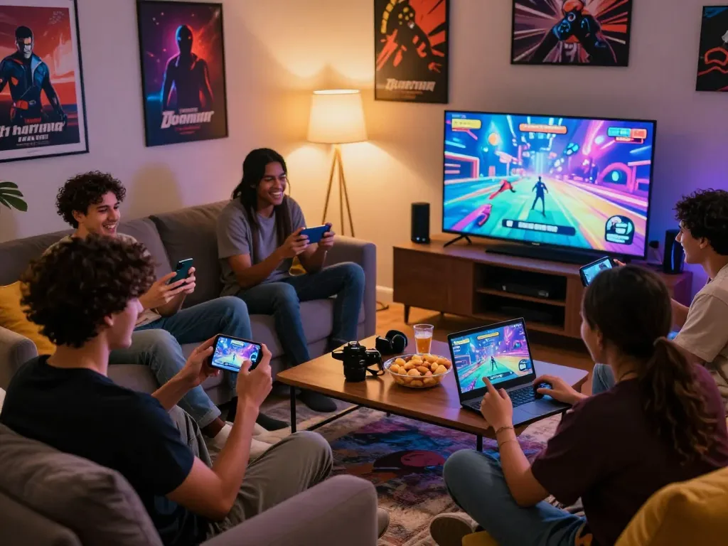 Friends enjoying gay porn games together in a cozy living room