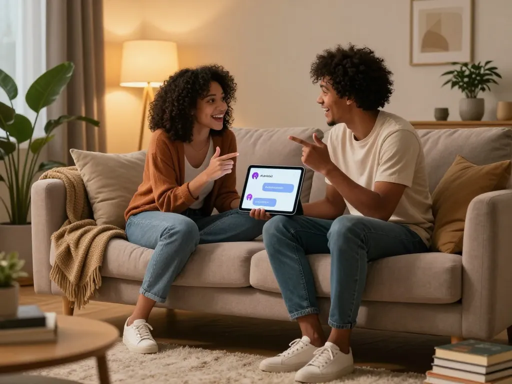 Engaging in ai sex chat on a tablet in a cozy living room setting, showing connection and intimacy.