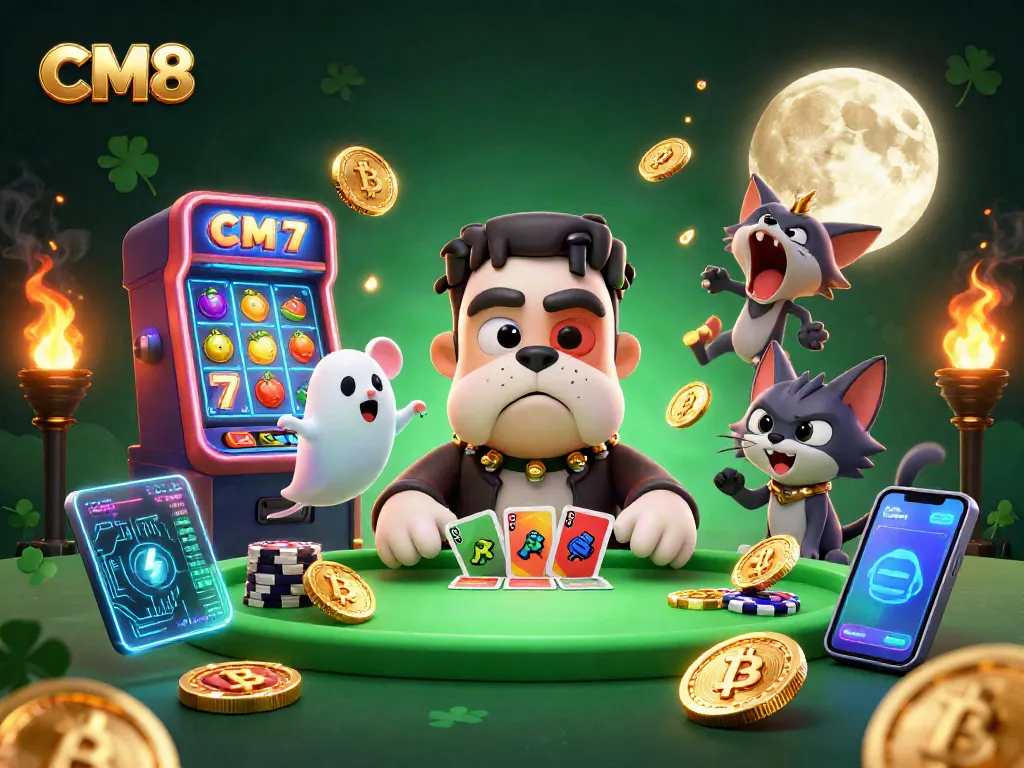 Deal cards with CM8 at a spooky casino table featuring a Frankenstein bulldog and gold elements.