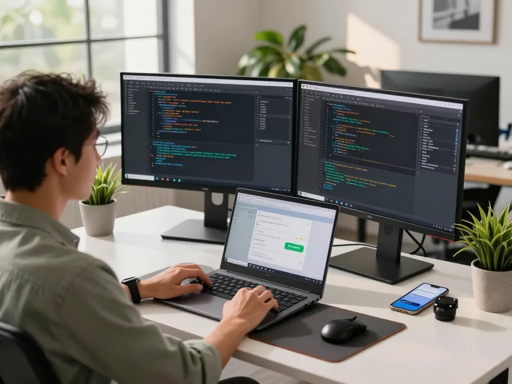 Developer utilizing mac mini at a stylish workspace with multiple monitors and plants.
