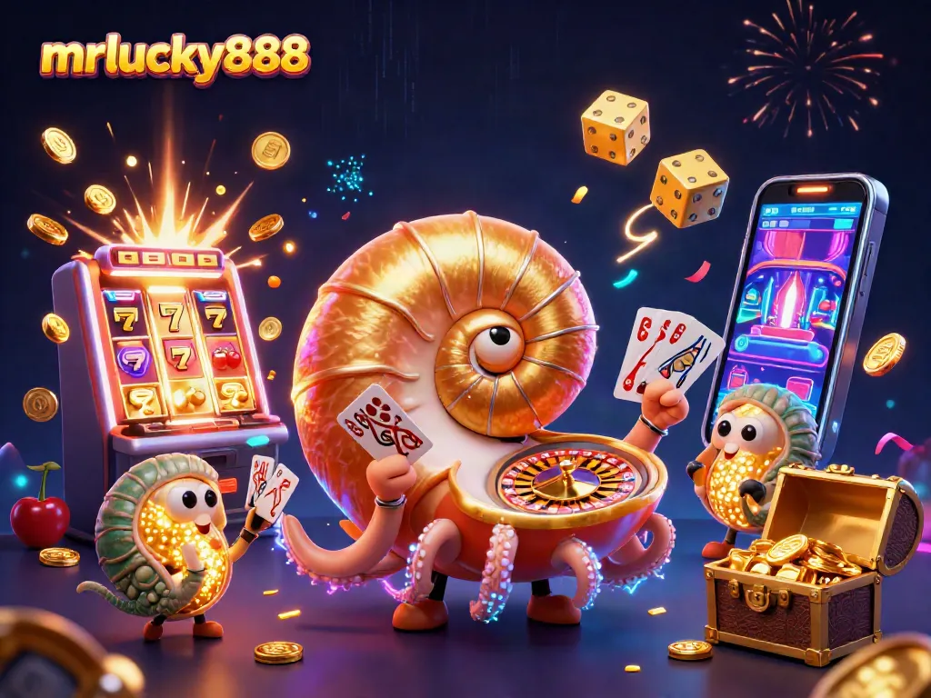 Experience the thrill of mrlucky888 with a vibrant casino scene featuring a roulette nautilus and jackpot explosions.