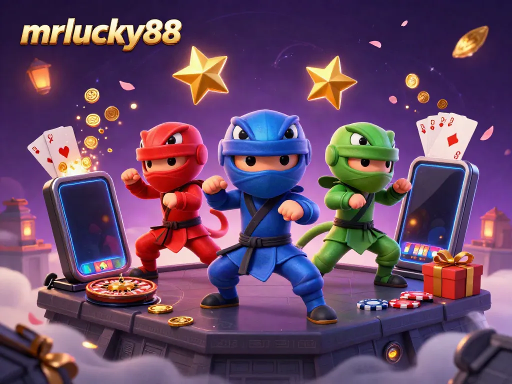 Join the action at mrlucky88 with our vibrant 3D illustration showcasing chameleons in synchronized poses amidst dynamic casino elements.