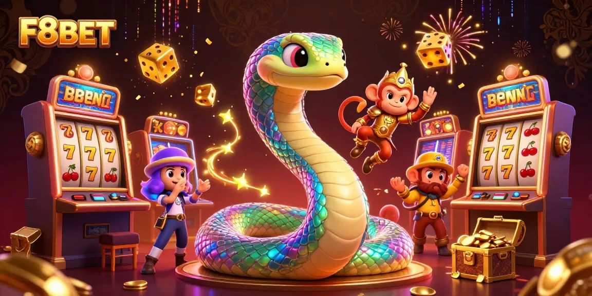 Experience dynamic gaming excitement with F8BET's vibrant casino world featuring a rainbow serpent and golden treasures.