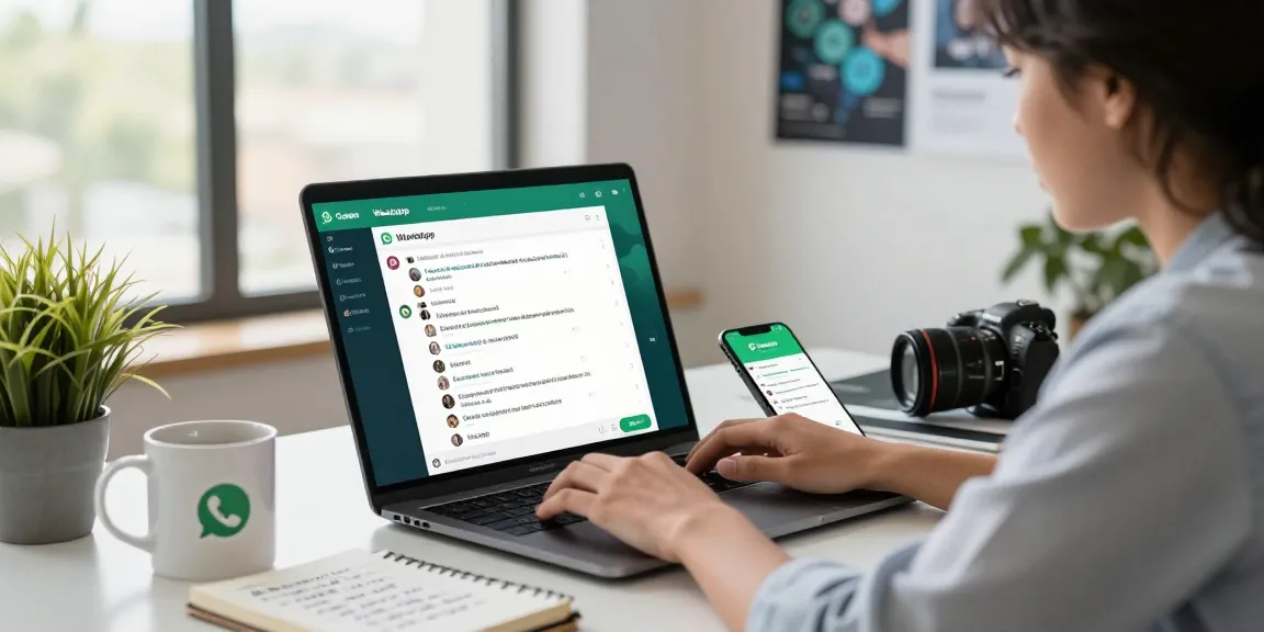 Professional workspace with WhatsApp電腦版 on screen and modern decor to enhance productivity.