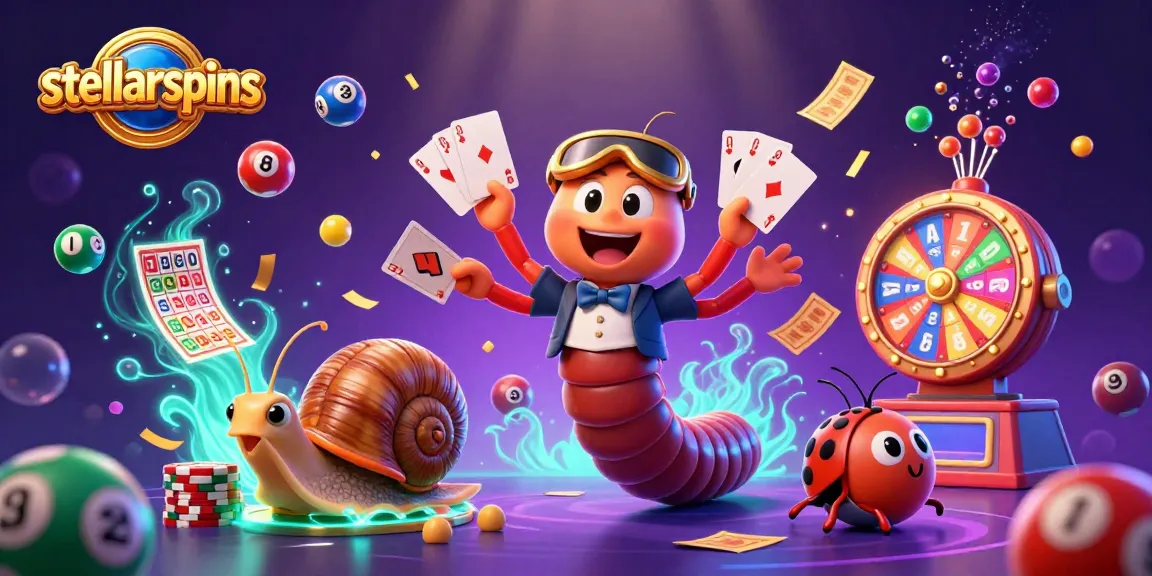 Engage with stellarspins in an exciting 3D illustration featuring vibrant casino elements and characters.