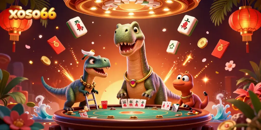 Engage with xoso66 by exploring a vibrant 3D illustration showcasing a whimsical casino experience filled with characters and elements.
