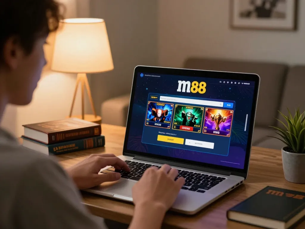 M88 casino login interface displayed on laptop screen during a cozy online gaming session.