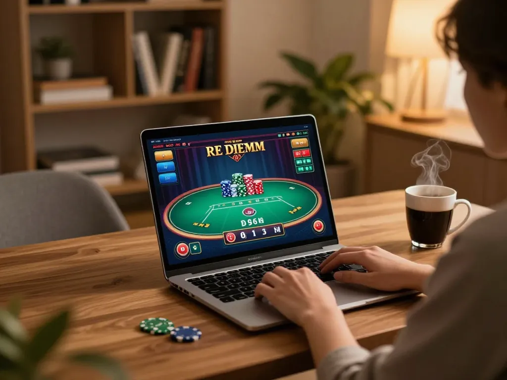 Engaging online poker gameplay on f8betlv in a cozy home setting, showcasing a player's strategy.