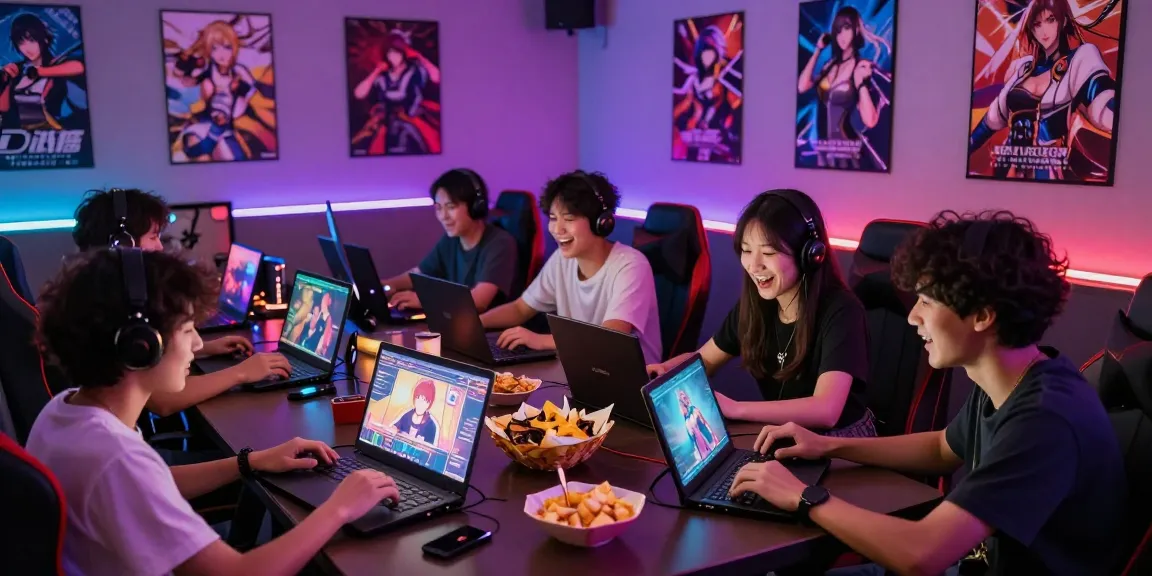 Friends immersed in ecchi games in a lively gaming lounge with vibrant decor.