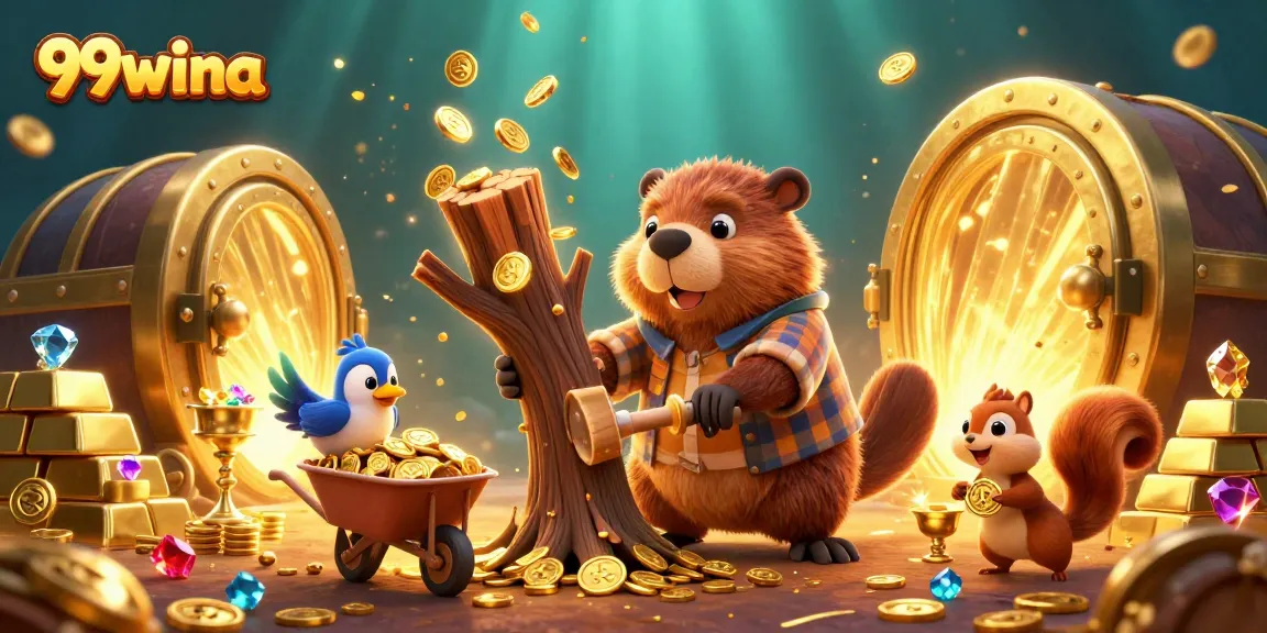 99wina showcases fun-filled gambling with cartoon characters collecting coins and treasures.