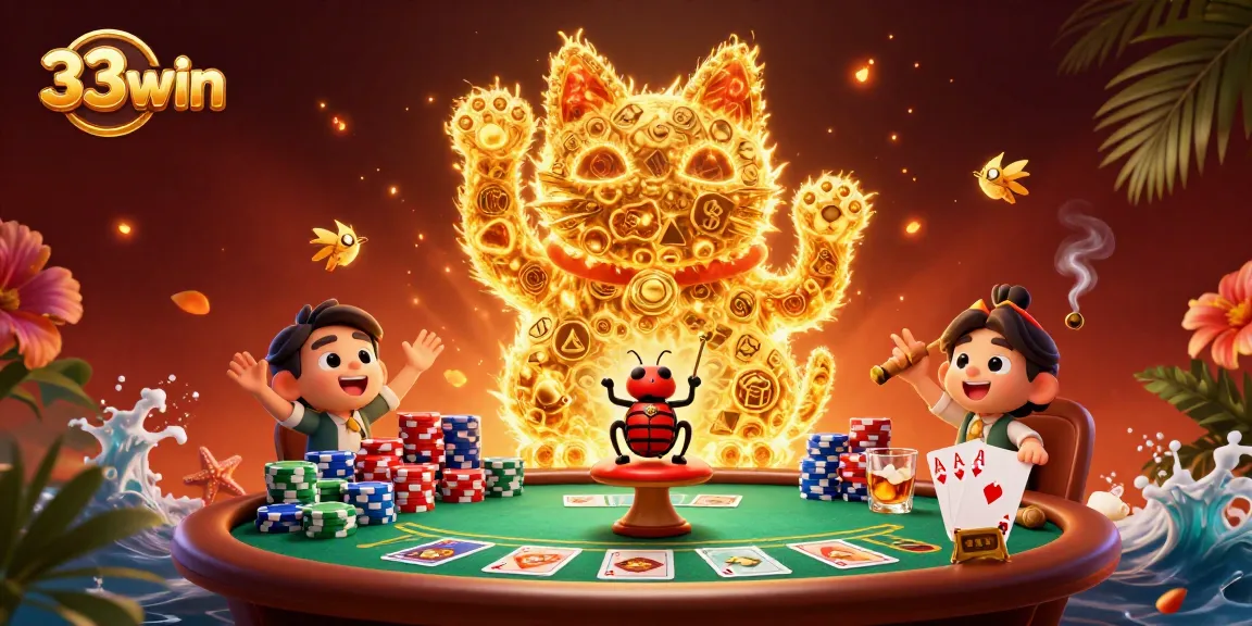 Engaging scene of a golden lucky cat and a conductor beetle symbolizing 33win casino excitement.