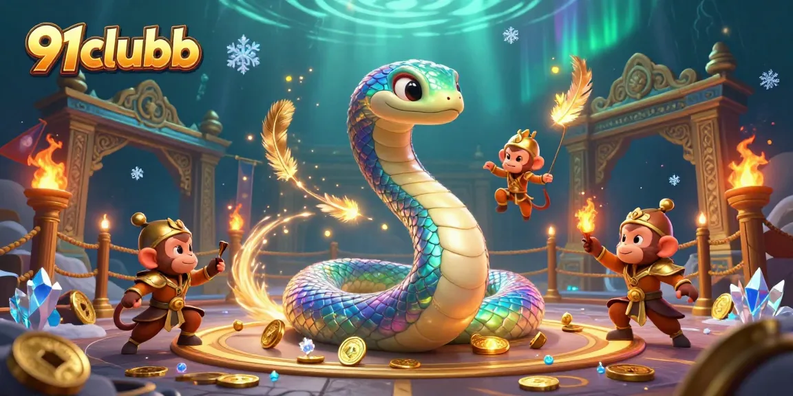 Enjoy thrilling gaming action with 91clubb in this vibrant 3D casino scene featuring a rainbow serpent and a monkey king.