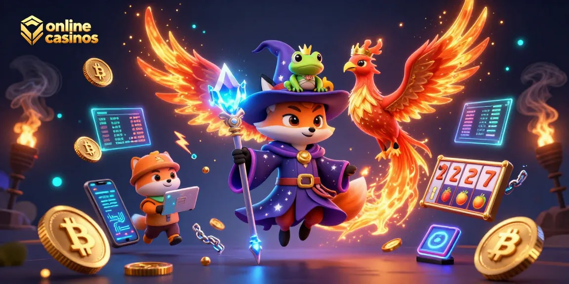 Experience thrilling adventures at online casinos with a magical 3D fox and phoenix surrounded by vibrant casino elements.