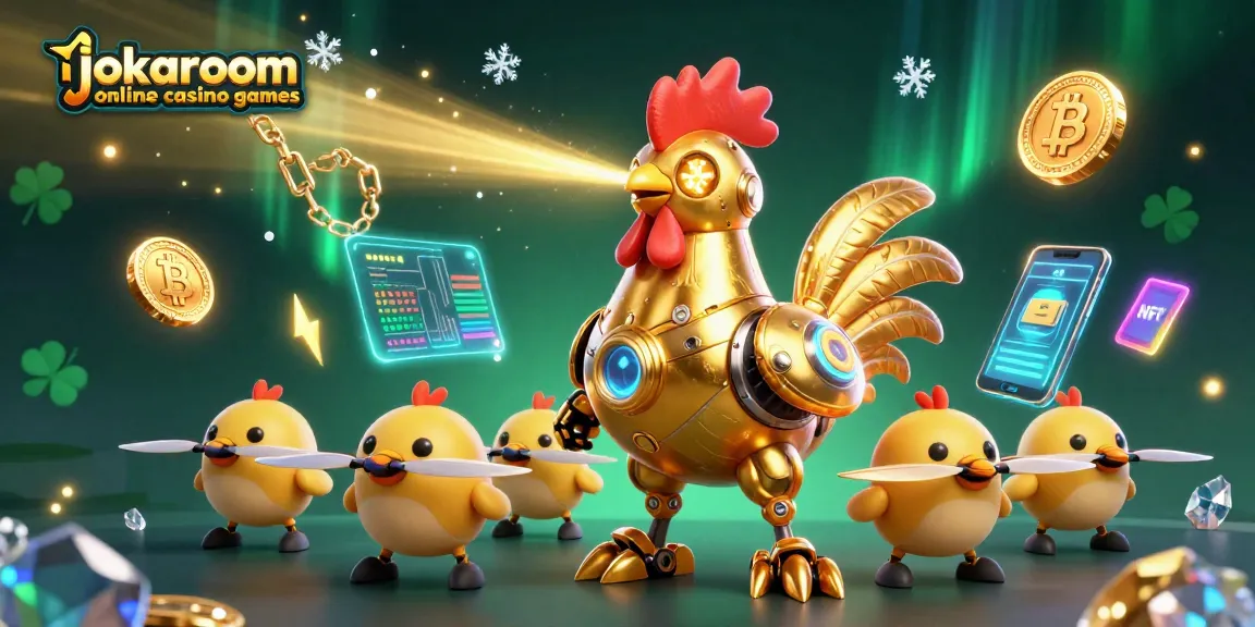 Engage with jokaroom online casino games in this vibrant 3D illustration of a golden rooster robot leading a crew.
