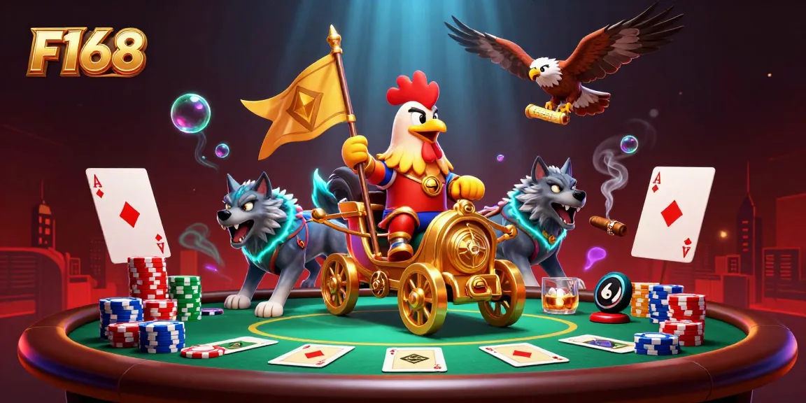 Win exciting rewards at F168 with a lively 3D casino scene showcasing poker action and dynamic characters.